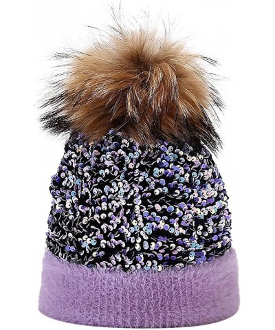 Women Outdoor Warm Knitted Hat Dyed Raccoon Ball Sequined Hat Ear Hat in Winter Men Trapper Winter Hat Purple-b $15.24 Bomber...