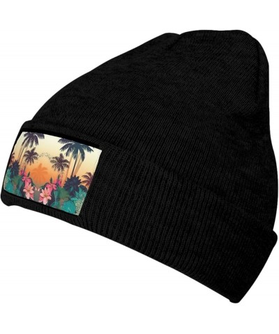 Flowers and Palm Trees Pattern Beanie Hats for Women Men Winter Warm Knit Hat Slouchy Skull Cap Knit Cuffed Beanie Black $14....