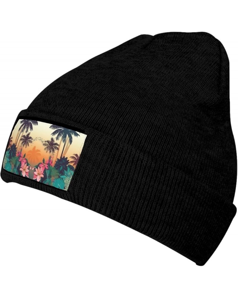 Flowers and Palm Trees Pattern Beanie Hats for Women Men Winter Warm Knit Hat Slouchy Skull Cap Knit Cuffed Beanie Black $14....