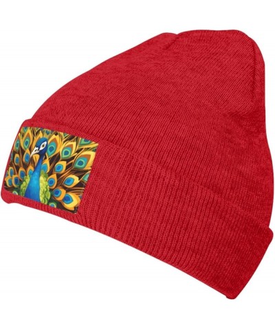 Black Warm Knit Hat Cartoon Peacock Prints Soft Good Elasticity Suitable for Daily and Outdoor Sports Red $9.60 Skullies & Be...