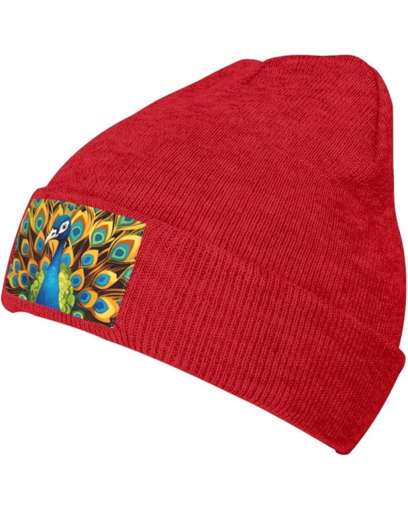 Black Warm Knit Hat Cartoon Peacock Prints Soft Good Elasticity Suitable for Daily and Outdoor Sports Red $9.60 Skullies & Be...