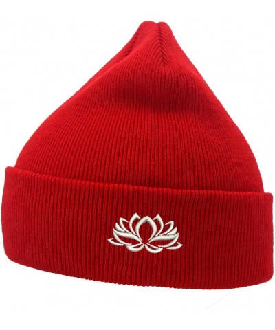 Mens Beanie Knit Hats Lotus Flower Embroidered Unisex Casual Beanies Hats for Winter Red $14.50 Skullies & Beanies