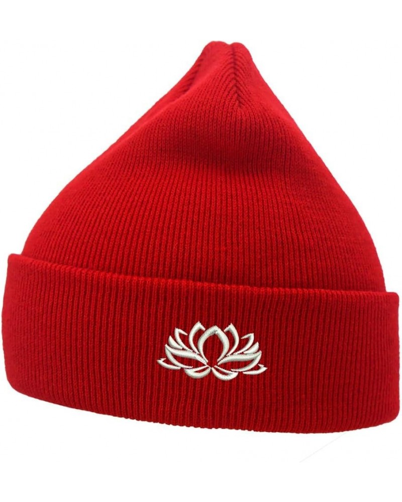 Mens Beanie Knit Hats Lotus Flower Embroidered Unisex Casual Beanies Hats for Winter Red $14.50 Skullies & Beanies