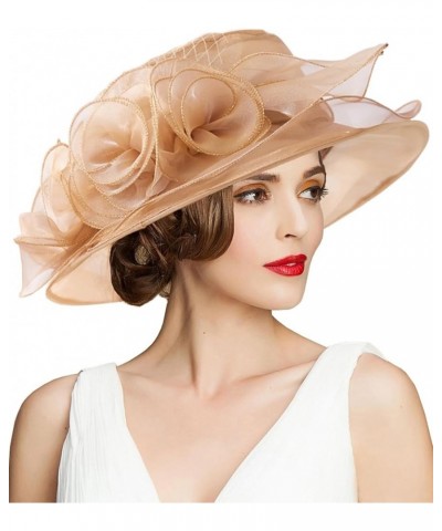 Women's Kentucky Derby Church Dress Hat Wide Brim Leaf Flower Bridal Shower Hat A1 Gold Classic $12.76 Sun Hats