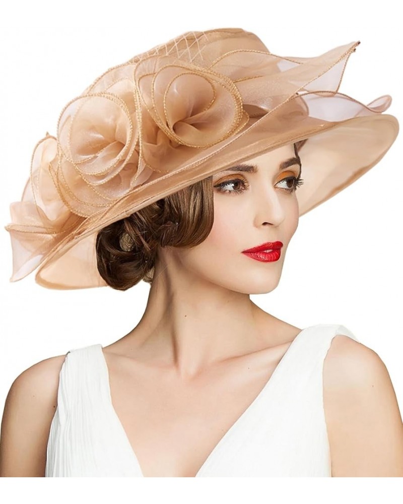 Women's Kentucky Derby Church Dress Hat Wide Brim Leaf Flower Bridal Shower Hat A1 Gold Classic $12.76 Sun Hats