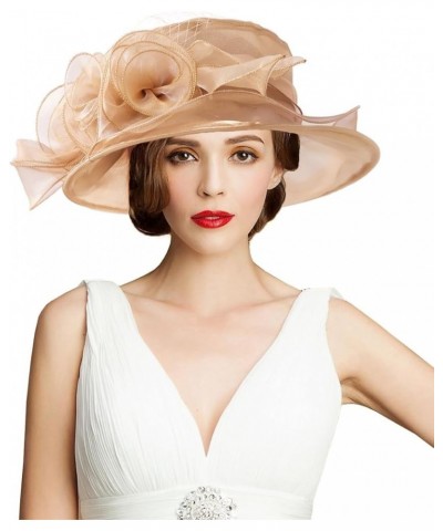 Women's Kentucky Derby Church Dress Hat Wide Brim Leaf Flower Bridal Shower Hat A1 Gold Classic $12.76 Sun Hats