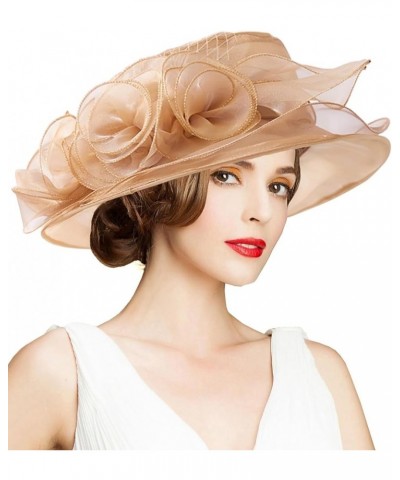 Women's Kentucky Derby Church Dress Hat Wide Brim Leaf Flower Bridal Shower Hat A1 Gold Classic $12.76 Sun Hats