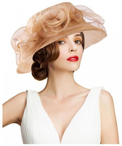 Women's Kentucky Derby Church Dress Hat Wide Brim Leaf Flower Bridal Shower Hat A1 Gold Classic $12.76 Sun Hats