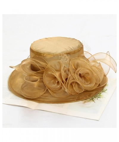 Women's Kentucky Derby Church Dress Hat Wide Brim Leaf Flower Bridal Shower Hat A1 Gold Classic $12.76 Sun Hats