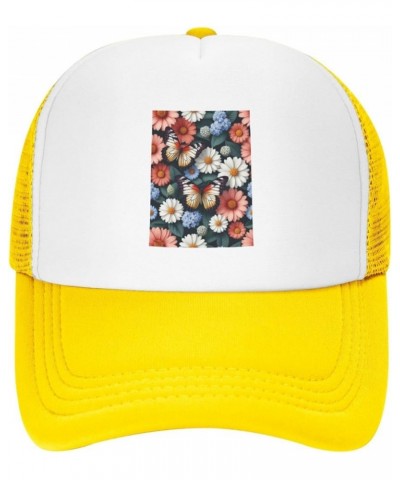 Butterfly Flowers Printed Mesh Baseball Cap - Breathable Sun Protection Hat with Adjustable Girth Yellow $11.96 Baseball Caps