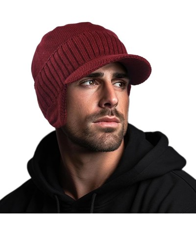 Men Winter Beanie with Brim Outdoor Fleece Visor Beanie Hats 323-claret $10.82 Rain Hats