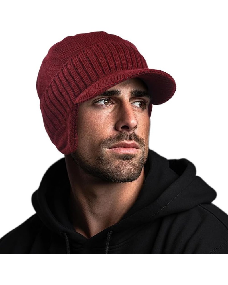 Men Winter Beanie with Brim Outdoor Fleece Visor Beanie Hats 323-claret $10.82 Rain Hats