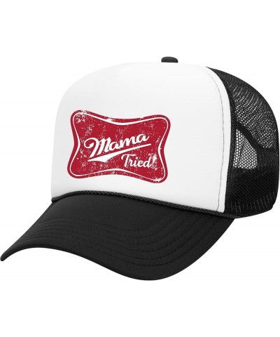 Womens Humorous Funny Red Embroidered Patch Mama Tried Ladies Foam Front Mesh Back Trucker Hat Black/White/Black $17.50 Baseb...