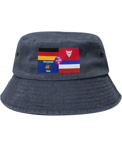 Flag of Kiel Wisconsin Denim Bucket Hat Adult Unisex Fishing Sun Hat Black Navy Blue $9.01 Bucket Hats