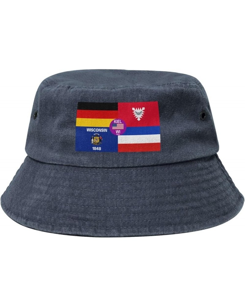 Flag of Kiel Wisconsin Denim Bucket Hat Adult Unisex Fishing Sun Hat Black Navy Blue $9.01 Bucket Hats