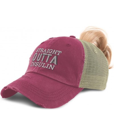 Womens Ponytail Cap Straight Outta Insulin Cotton Distressed Trucker Hats Burgundy $14.83 Baseball Caps