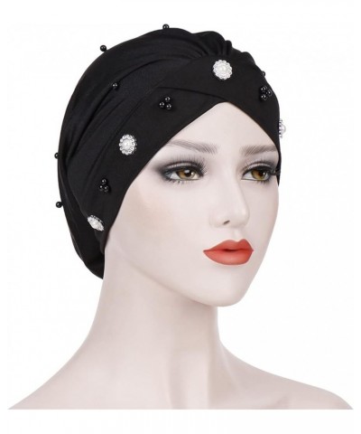 Hat Women Hat Daisy Small Baotou Hat Night Chemotherapy Turban Cross Hat Forehead Beaded Stretch Turban Hats Black $8.75 Skul...