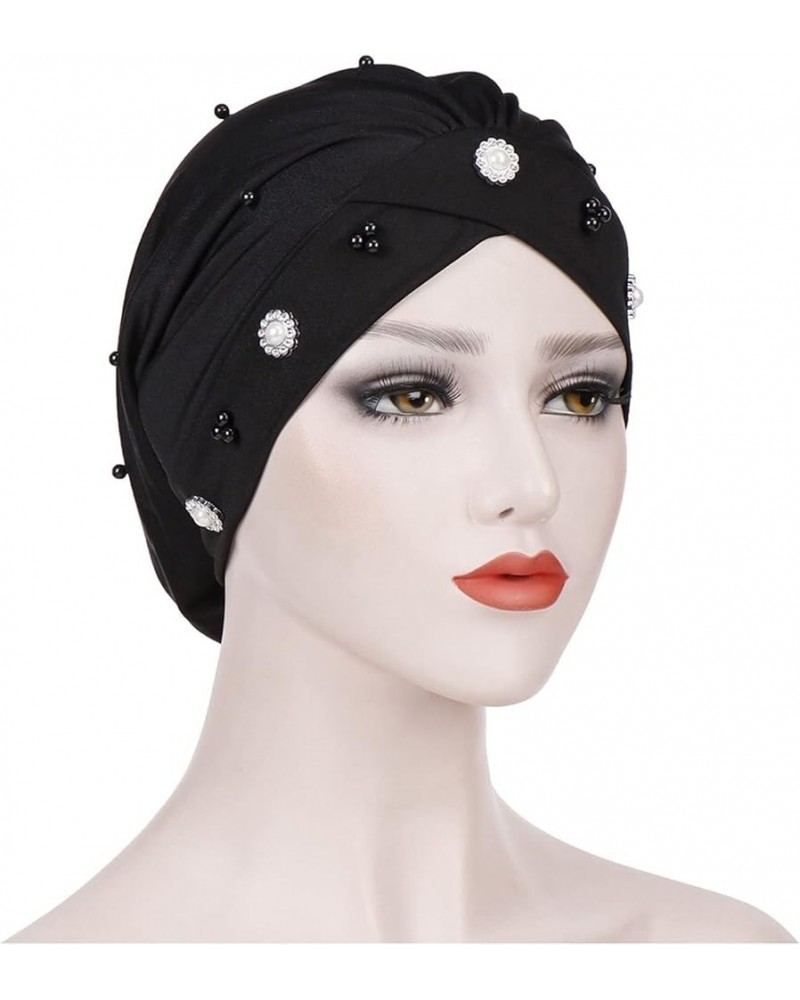 Hat Women Hat Daisy Small Baotou Hat Night Chemotherapy Turban Cross Hat Forehead Beaded Stretch Turban Hats Black $8.75 Skul...