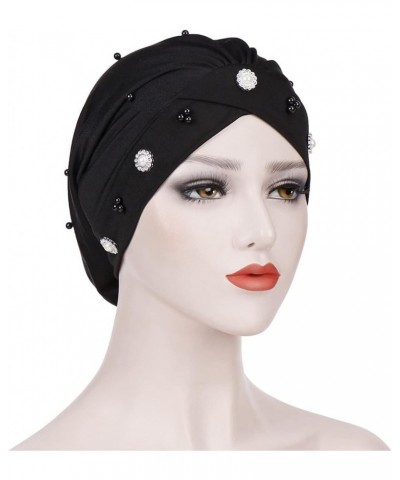 Hat Women Hat Daisy Small Baotou Hat Night Chemotherapy Turban Cross Hat Forehead Beaded Stretch Turban Hats Black $8.75 Skul...