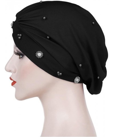 Hat Women Hat Daisy Small Baotou Hat Night Chemotherapy Turban Cross Hat Forehead Beaded Stretch Turban Hats Black $8.75 Skul...