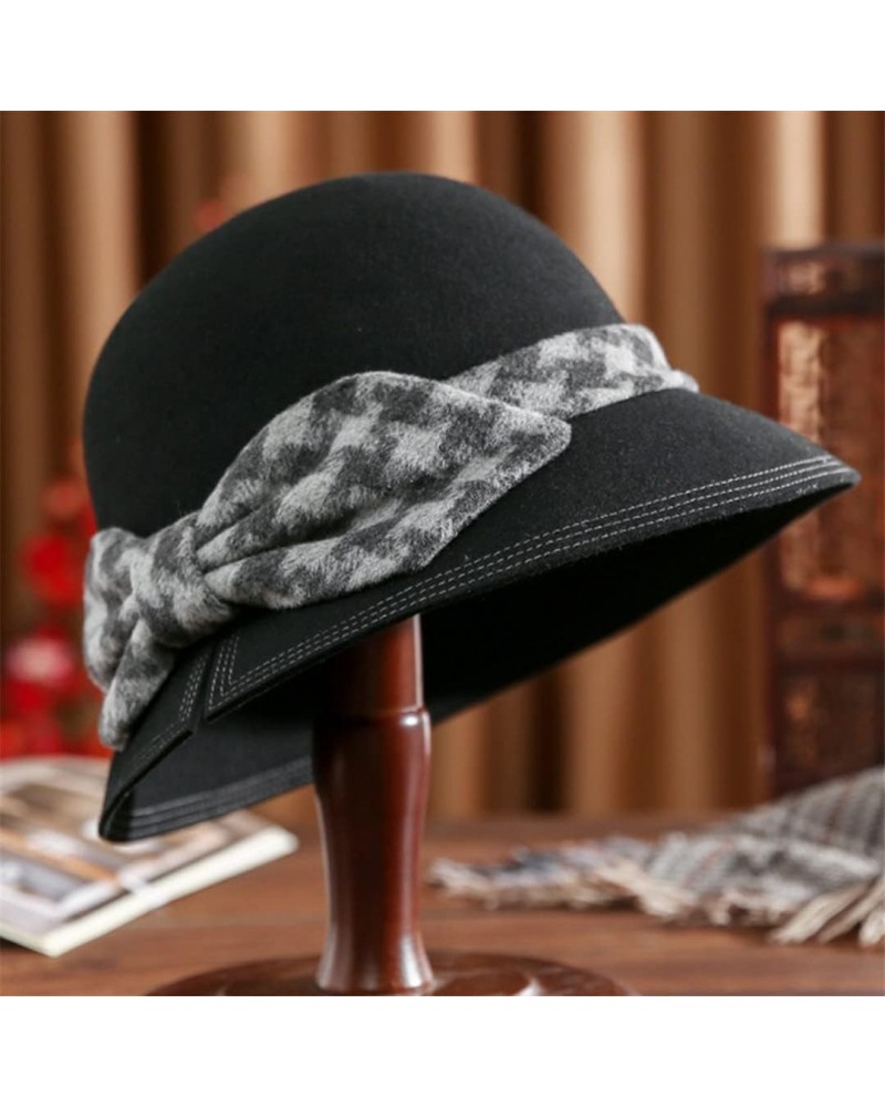 British Wool Felt Dome Top Fedora Hats for Women Autumn Winter Hat Bowler Cap with Plaid Bowknot $12.10 Fedoras