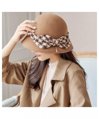 British Wool Felt Dome Top Fedora Hats for Women Autumn Winter Hat Bowler Cap with Plaid Bowknot $12.10 Fedoras