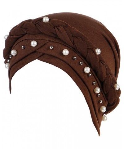 Women Beading Braid Turbans Hats Crossed Stretch Headscarf Hats Cancer Chemo Comfortable Headwraps Hats 2-coffee $8.84 Skulli...