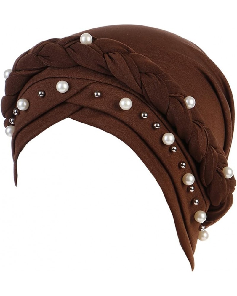 Women Beading Braid Turbans Hats Crossed Stretch Headscarf Hats Cancer Chemo Comfortable Headwraps Hats 2-coffee $8.84 Skulli...