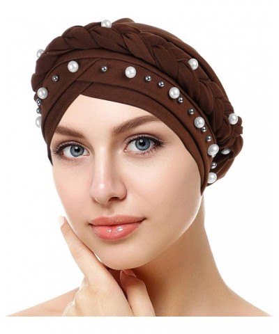 Women Beading Braid Turbans Hats Crossed Stretch Headscarf Hats Cancer Chemo Comfortable Headwraps Hats 2-coffee $8.84 Skulli...