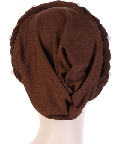 Women Beading Braid Turbans Hats Crossed Stretch Headscarf Hats Cancer Chemo Comfortable Headwraps Hats 2-coffee $8.84 Skulli...