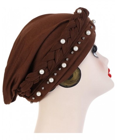 Women Beading Braid Turbans Hats Crossed Stretch Headscarf Hats Cancer Chemo Comfortable Headwraps Hats 2-coffee $8.84 Skulli...