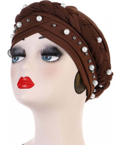 Women Beading Braid Turbans Hats Crossed Stretch Headscarf Hats Cancer Chemo Comfortable Headwraps Hats 2-coffee $8.84 Skulli...