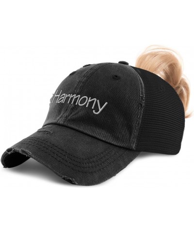 Womens Ponytail Cap Harmony Style B Cotton Distressed Trucker Hats Black $18.28 Baseball Caps