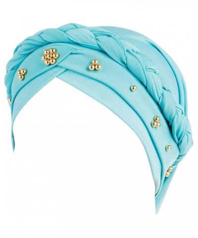 Pre-Tied Braid Hat for Women Faux Pearl Head Wraps for Cancer Patient African Beaded Turban Cap Light Blue $7.97 Skullies & B...