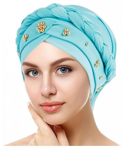 Pre-Tied Braid Hat for Women Faux Pearl Head Wraps for Cancer Patient African Beaded Turban Cap Light Blue $7.97 Skullies & B...