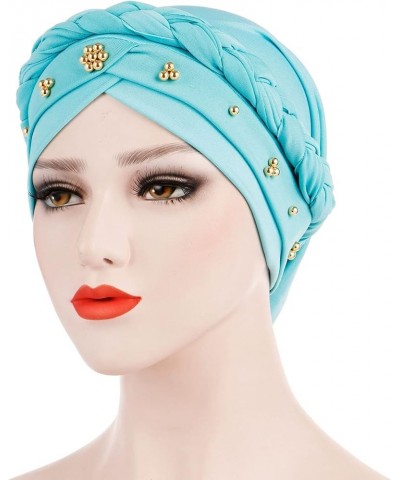 Pre-Tied Braid Hat for Women Faux Pearl Head Wraps for Cancer Patient African Beaded Turban Cap Light Blue $7.97 Skullies & B...