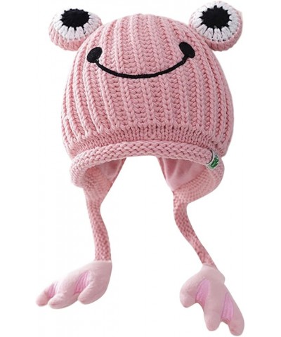 Plaid Knitted Hat Womens Cute Frog Hat Crochet Knitted Big Eye Winter Ear Protective Cotton Hats Pink $7.60 Skullies & Beanies