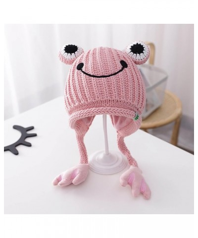 Plaid Knitted Hat Womens Cute Frog Hat Crochet Knitted Big Eye Winter Ear Protective Cotton Hats Pink $7.60 Skullies & Beanies