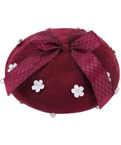 Solid Color Beret Hats with Bow Veil Soft Crochet Berets for Women Slouchy Knitted Beanie Dress Hats 007 $14.46 Berets