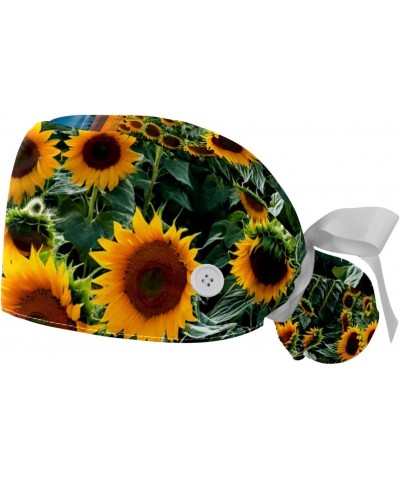 2-Pc Nurse Scrub Caps,Scrub Hats with Buttons and Cotton Sweatband,Plant Sunflower Field Blossom $12.06 Skullies & Beanies