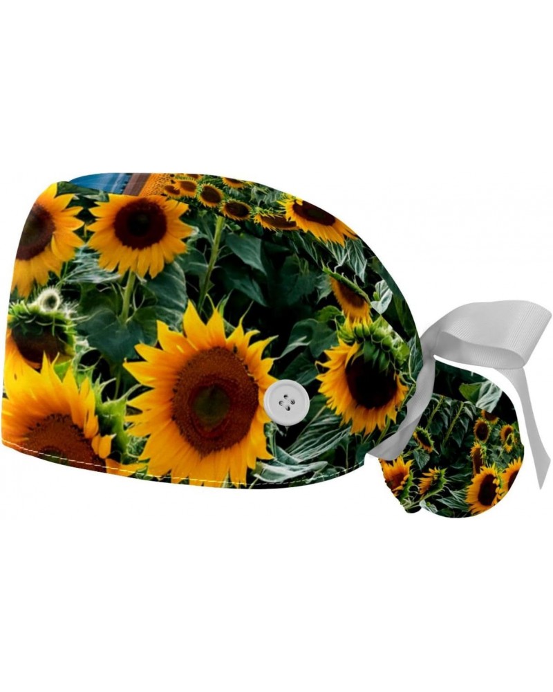 2-Pc Nurse Scrub Caps,Scrub Hats with Buttons and Cotton Sweatband,Plant Sunflower Field Blossom $12.06 Skullies & Beanies