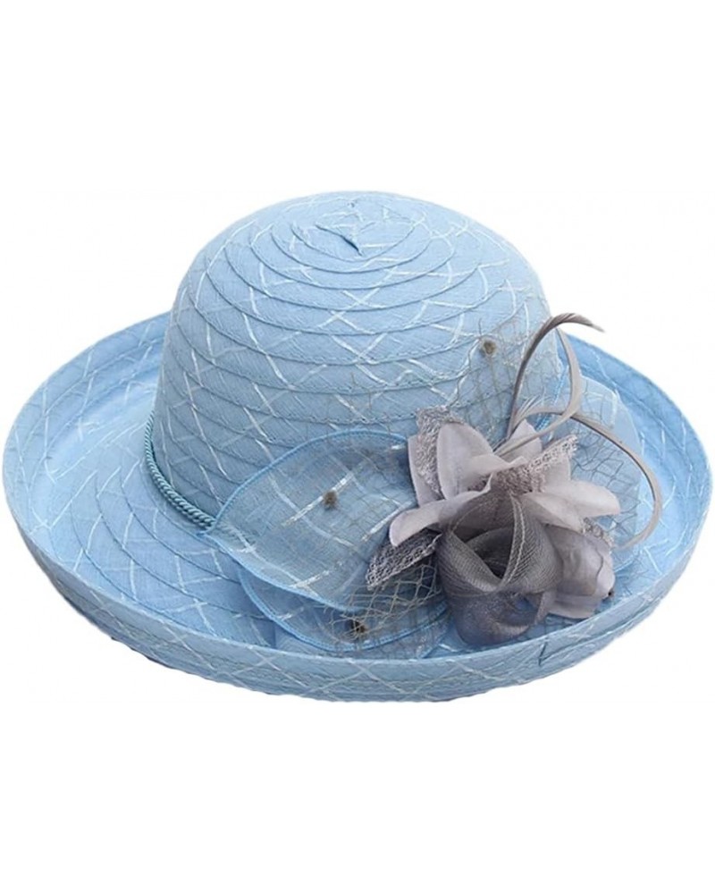 Summer Elegant Flower Sun Cap Fedora Hat Party Wedding Church Hat Curl Brim Cloche Hats Wide Brim Beach Cap Blue $17.12 Sun Hats