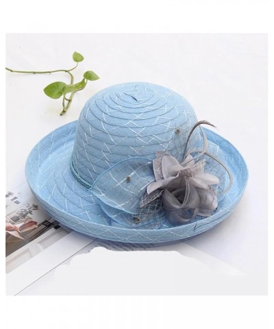 Summer Elegant Flower Sun Cap Fedora Hat Party Wedding Church Hat Curl Brim Cloche Hats Wide Brim Beach Cap Blue $17.12 Sun Hats