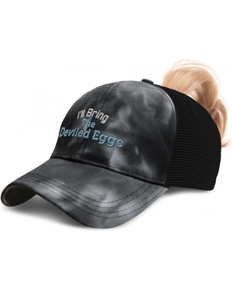 Womens Ponytail Cap I'll Bring The Deviled Eggs Cotton Distressed Trucker Hats Tie Dye Black $15.67 Baseball Caps