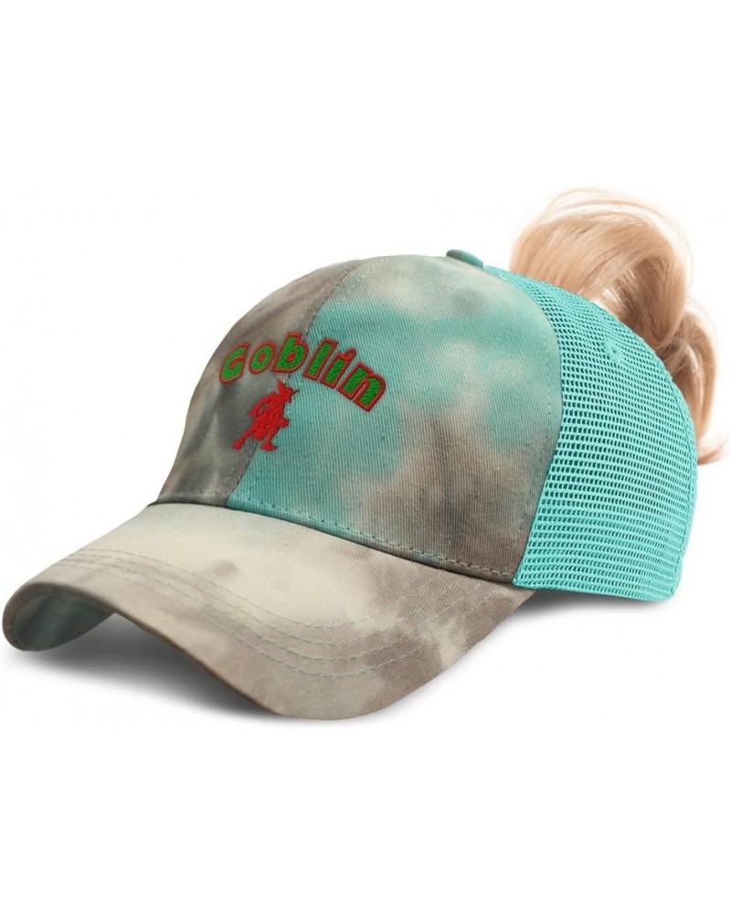 Custom Womens Ponytail Cap Goblin Mythical Creatures Creature Cotton Fairy Distressed Trucker Hat Tie Dye Aqua Design Only $1...