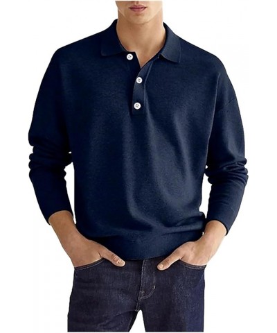 Mens Fashion Casual Simple Solid Color Button Long Sleeve Top Shirt Mens Knit Shirts Navy $10.15 Skullies & Beanies