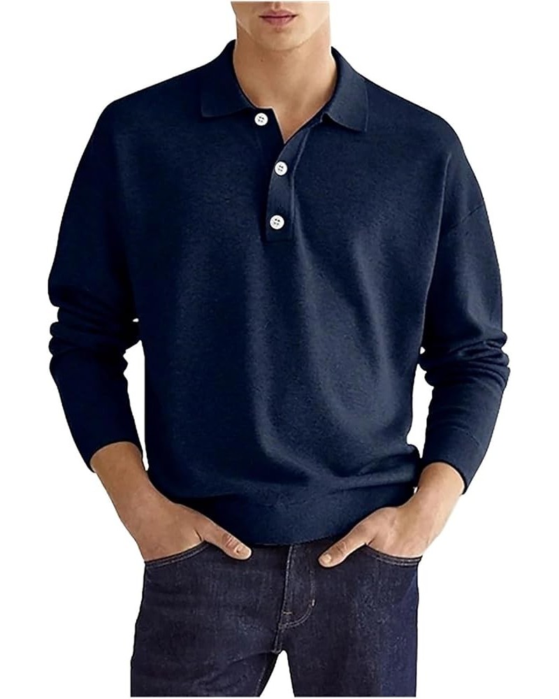 Mens Fashion Casual Simple Solid Color Button Long Sleeve Top Shirt Mens Knit Shirts Navy $10.15 Skullies & Beanies