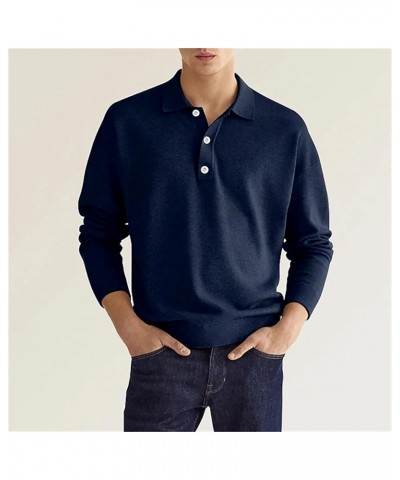 Mens Fashion Casual Simple Solid Color Button Long Sleeve Top Shirt Mens Knit Shirts Navy $10.15 Skullies & Beanies