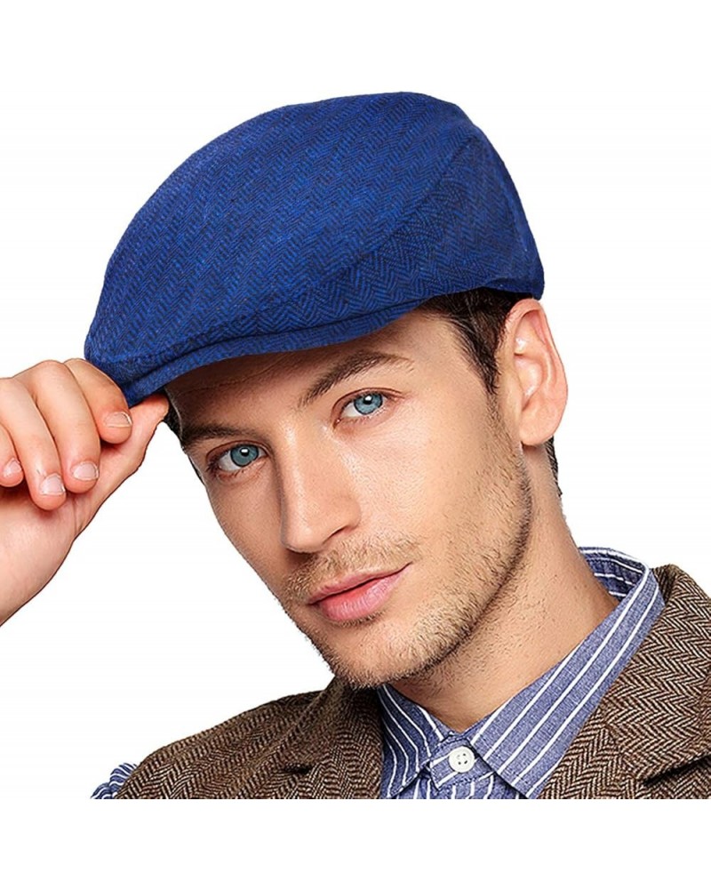 Men Ivy Hat Newsboy Cap - Classic Wool Blend Tweed Flat Cap Cabbie Hat Men 005 Blue $12.23 Rain Hats