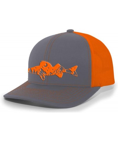 Freshwater Fish Forest Mountain Scenic Walleye Mens Embroidered Mesh Back Trucker Hat Charcoal/Neon Orange $15.05 Baseball Caps